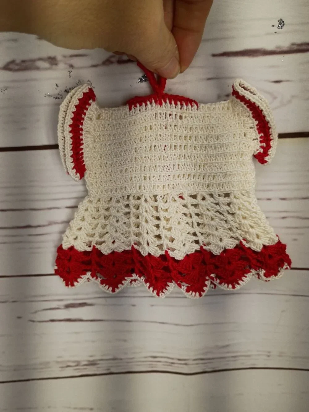 Handmade Crochet Dress-Style Kitchen Towel Holder In White & Red With Hanging Lo